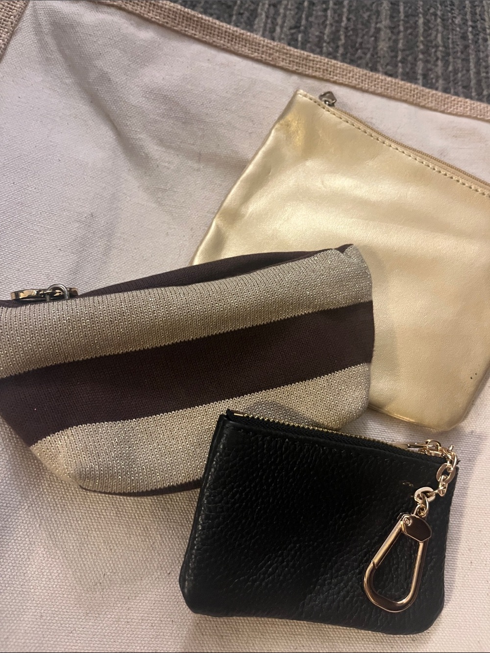 GAP Brown Gold Striped Bag, Black Keychain bag, Gold Cosmetic Bag Trio 102